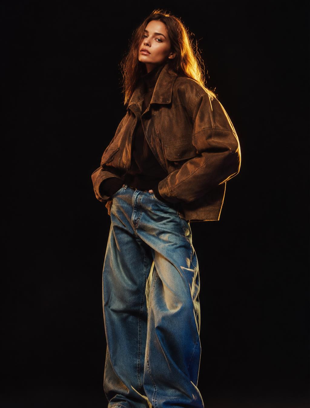 Model wearing an oversized vintage suede jacket and baggy jeans